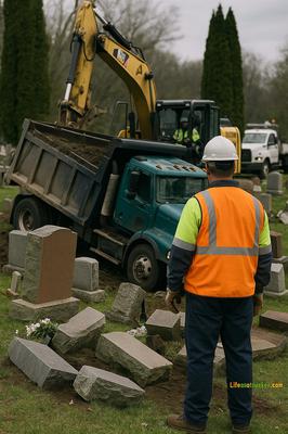 Crews assess extensive damage after a dump truck overturns at Stone Church Cemetery, toppling headstones and tearing up sacred grounds.