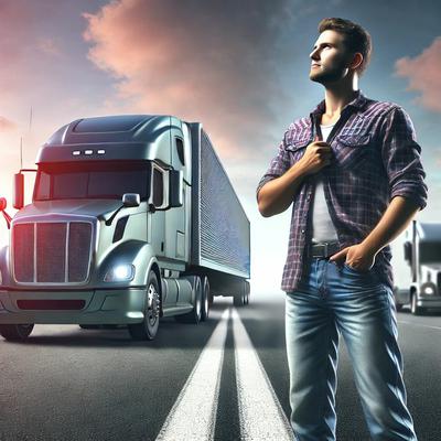 A determined trucker standing beside his semi-truck, ready to embrace the slow but steady industry recovery. A determined trucker standing beside his semi-truck, ready to embrace the slow but steady industry recovery.