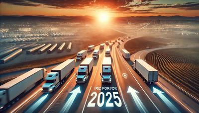 A busy highway at sunrise, filled with semi-trucks symbolizing the trucking industry's steady rebound in 2025 A busy highway at sunrise, filled with semi-trucks symbolizing the trucking industry's steady rebound in 2025