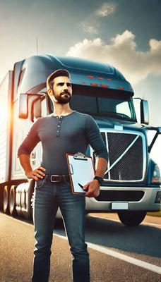 A confident trucker with a clipboard, looking toward a brighter future in the evolving trucking industry A confident trucker with a clipboard, looking toward a brighter future in the evolving trucking industry