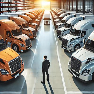 Truck sales are booming! A modern dealership with brand-new semi-trucks ready for the road. Truck sales are booming! A modern dealership with brand-new semi-trucks ready for the road.